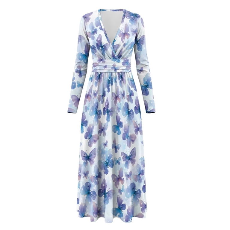 purple and blue maxi dress Fkelyi Womens Long Sleeve Fall Dress V Neck Casual Maxi Dress with Pockets Blue Purple Butterfly Print Soft A-Line Flowy Tiered Waist Dresses for