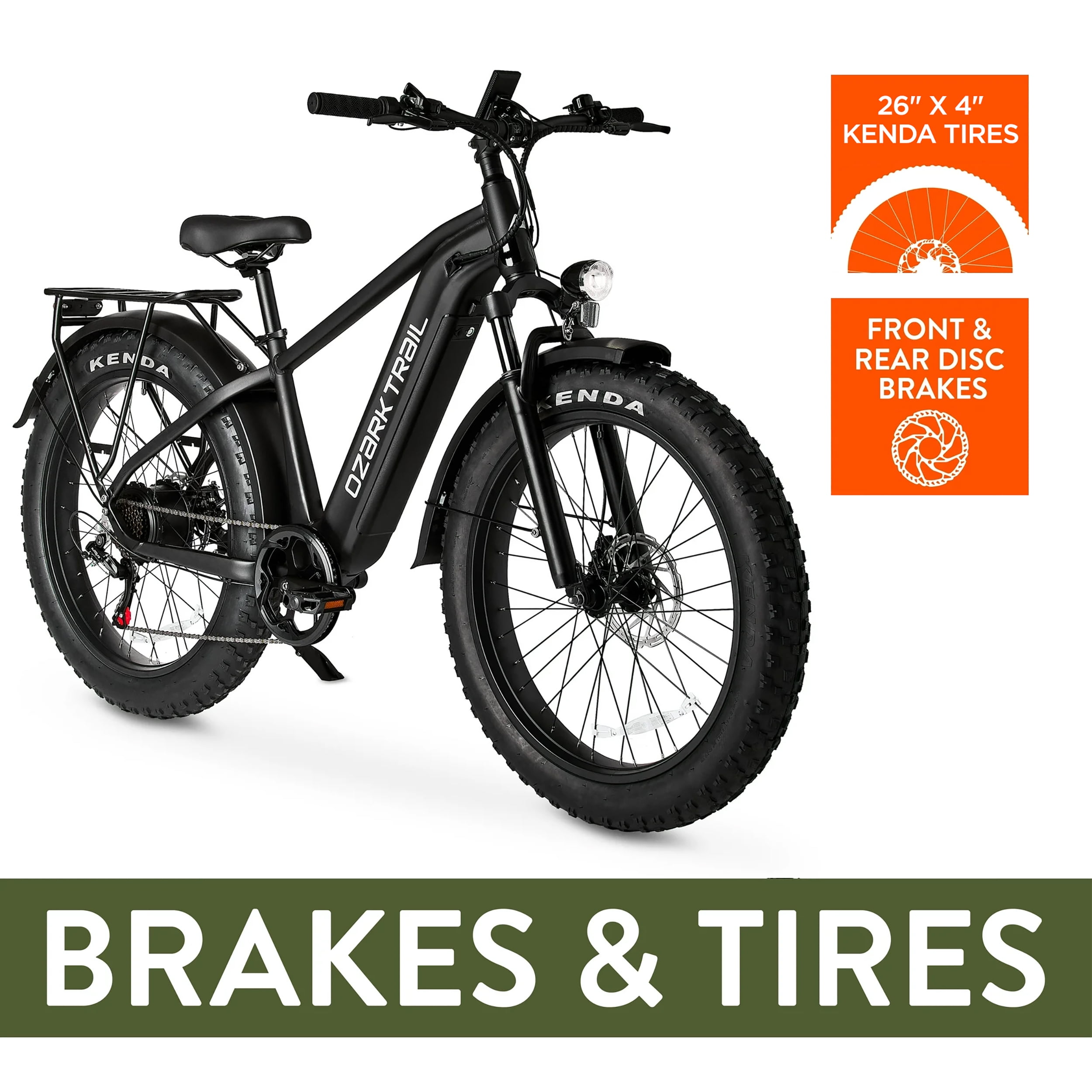 Ozark Trail 26" M.3 Ranger+ Electric Fat Tire Bike, 48V, Class 2, Black, Fits Riders 5'2" - 6'1", Adult, Unisex