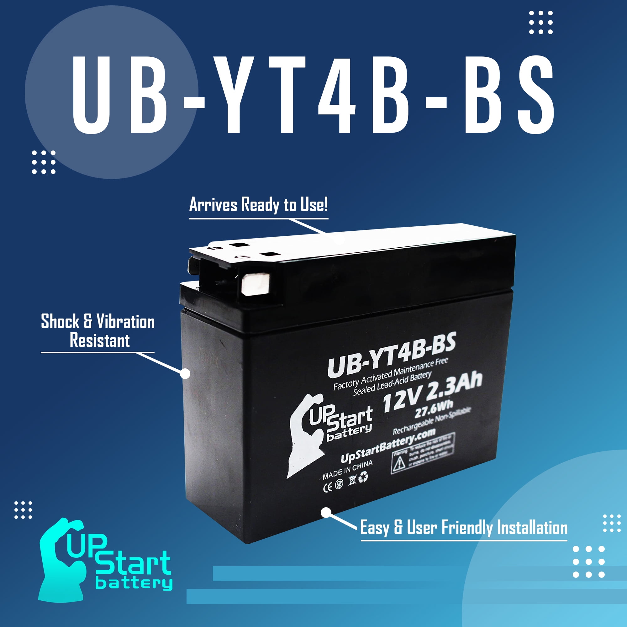Replacement 2006 Yamaha TTR50E 50CC Factory Activated, Maintenance Free, Motorcycle Battery - 12V 2.3Ah, UB-YT4B-BS