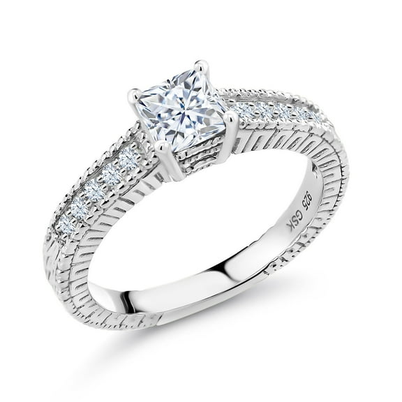 Gem Stone King 925 Sterling Silver White Moissanite and White Created Sapphire Engagement Ring for Women (0.95 Cttw, Gemstone, Princess 5MM, Size 5)