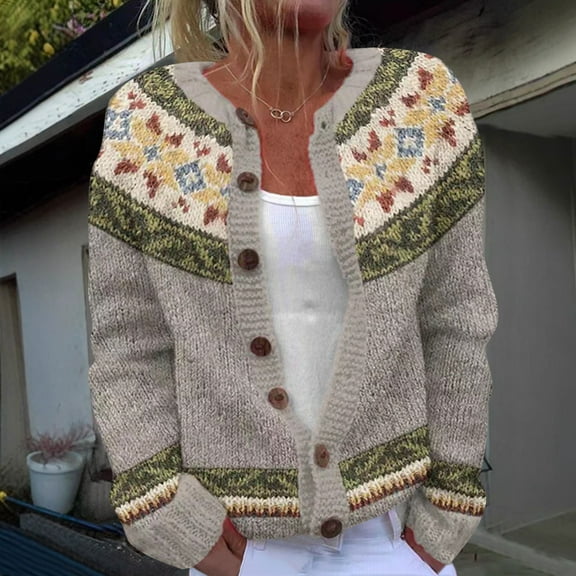 GUZOM Sweaters Womens Vintage Fair Isle Pattern Button-Down Acrylic Cardigan - Khaki, Plus/Extended Sizes (S-XXXXXL) for Autumn Winter Casual Wear,Size XL