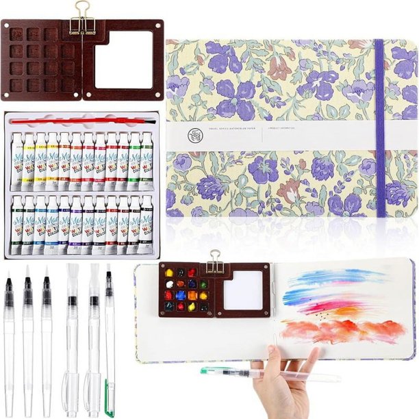 Mini Juego de de Acuarela Portátil, Caja de Pintura de Viaje de Madera de 15 Cuadrículas con Carpeta, Cuaderno de Bocetos para Pintores, Artistas, Estudiantes