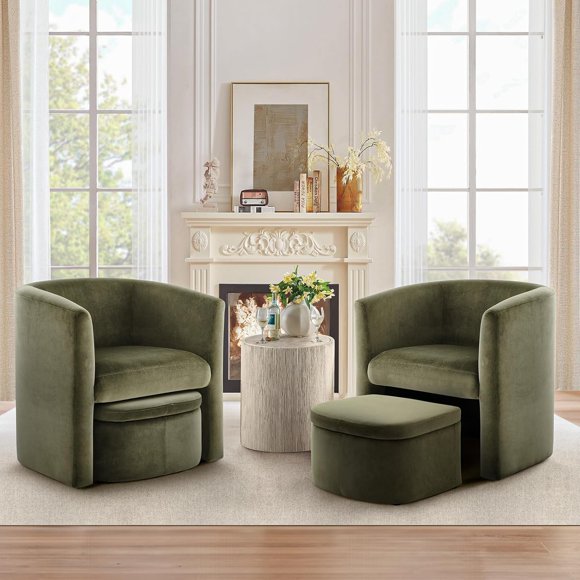 MALOL Upholstered Velvet Barrel Accent Chair Set of 2 with Storage Ottoman, Morden Living Room Side Tub Chair, Single Sofa Armchair with Lounge Seat for Bedroom/Reading Spaces, Green