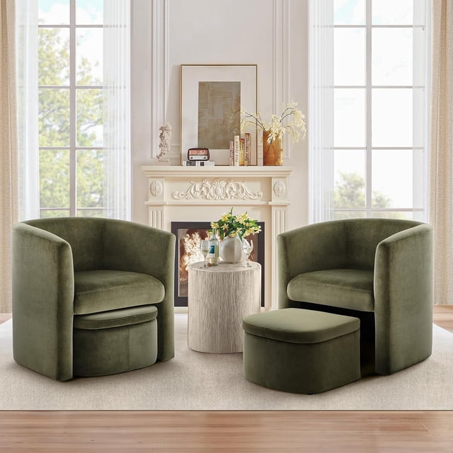 MALOL Upholstered Velvet Barrel Accent Chair Set of 2 with Storage Ottoman, Morden Living Room Side Tub Chair, Single Sofa Armchair with Lounge Seat for Bedroom/Reading Spaces, Green