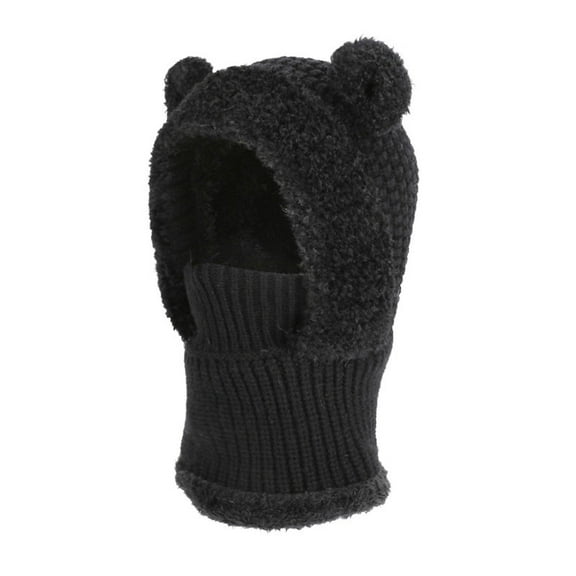 SYMOID Unisex Bear Ear Kids Winter Hat 5-12 Years, 2-in-1 Knit Cotton Neck Warmer, Black Cold Weather Warm Plush Lined Headgear,Size 6-13 T