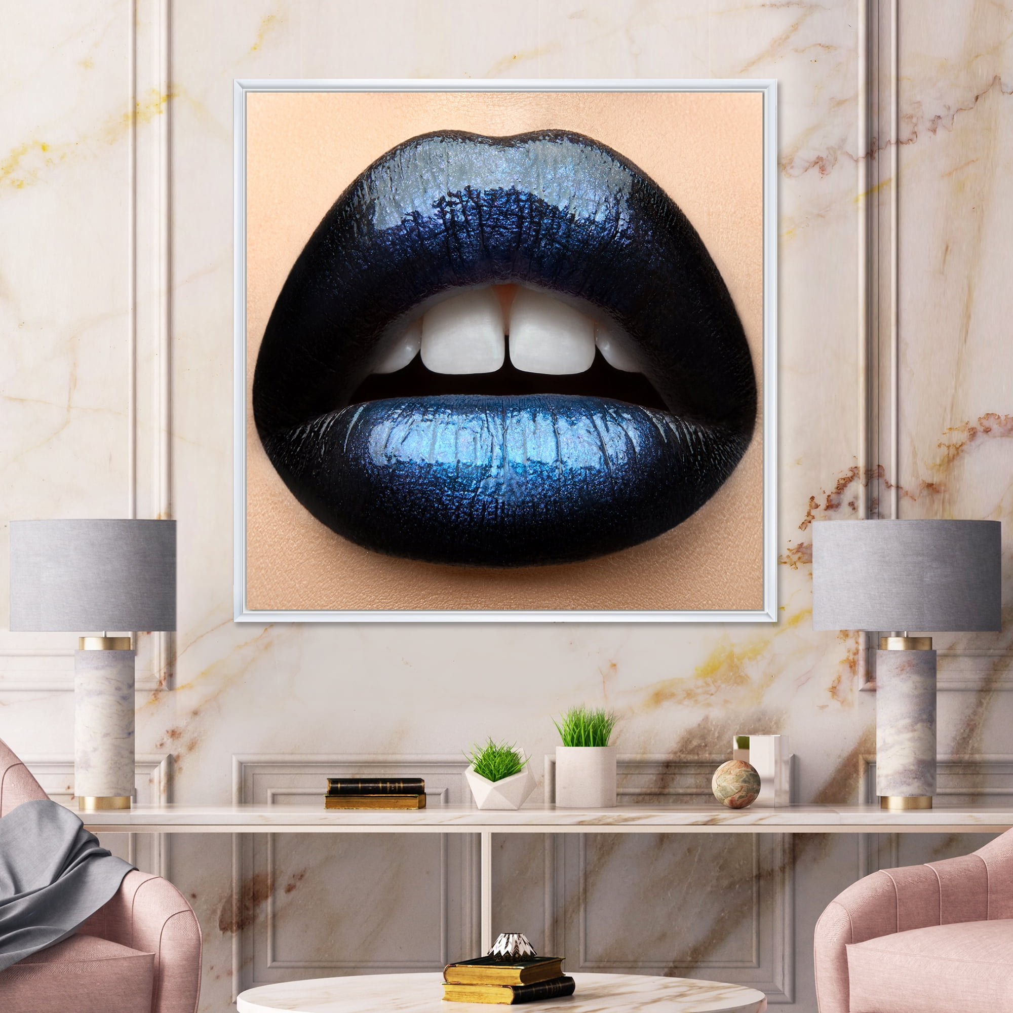 Designart 'Girl Lips With Black and Blue Lipstick' Modern Framed Canvas Wall Art Print