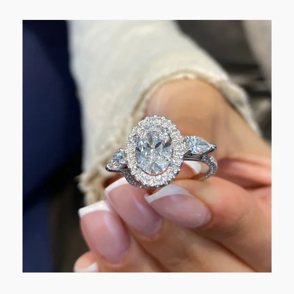 Luxury Oval Halo Engagement Ring, 14K White Gold Plated,Teardrop Side Stones Wedding Ring, 2.1 CT Oval Cut Simulated Diamond, Anniversary Gift For Women's