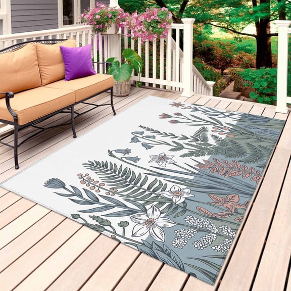 Farmhouse Wildflower Outdoor Rug for Patio/Deck/Porch, Non-Slip Large Area Rug 6 x 9 Ft, Spring Summer Watercolor Floral Plant Indoor Outdoor Rugs Washable Area Rugs, Camping Rug Carpet Runner