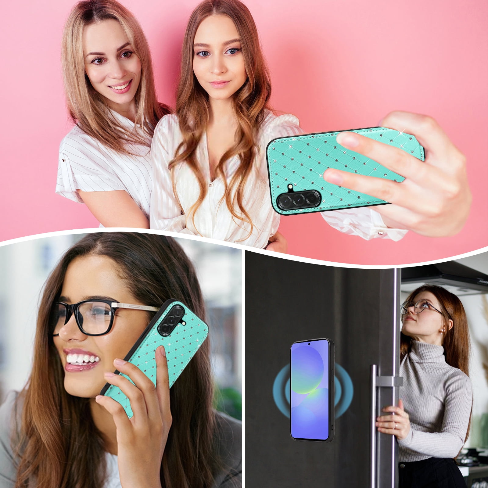 Asuwish Phone Case for Samsung Galaxy A16 5G/4G Zipper Wallet Detachable Cell Cover with Tempered Glass Screen Protector Crossbody Lanyard Strap Bling Glitter Flip Card Holder Slot SM-A 16 16A Green