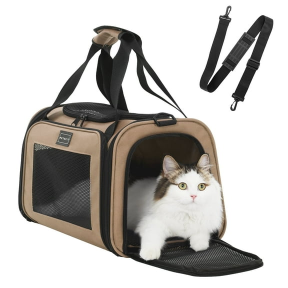 PETSFIT 17in Cat Carrier, Pet Carrier Airline Approved, Soft Carrier for Small and Medium Cats Under 20 Lbs， Khaki