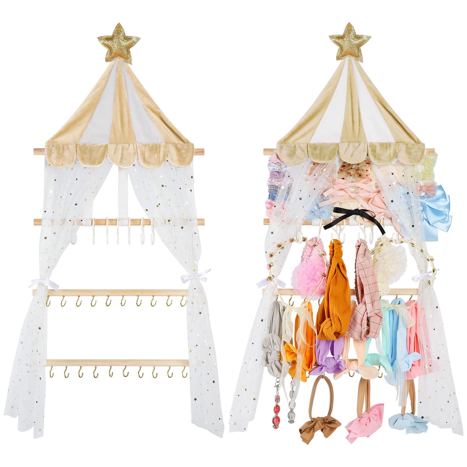 With 10 Hooks Headband Holder, Hair Bow Organizer with Pocket, Hair Accessories Wall Closet Hanging Storage Displayfor Girls Baby Toddler, for Hair Ribbons Ties Clips
