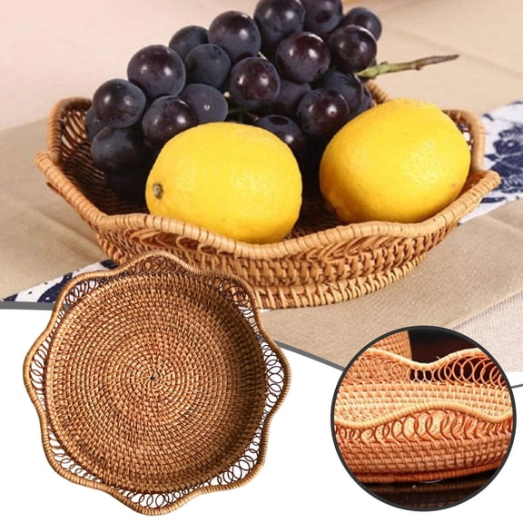 Natural Woven Rattan Round Fruit Serving Bowl Decorative Kitchen Counter Organizer Wicker Storage Container
