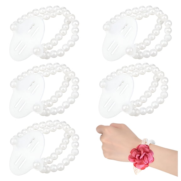 DESIGNICE 6 Pcs Corsage Wristlet Bands Elastic Plastic Beads Wrist Corsage Bracelets Bands Wristlets Stretch Faux Pearls Wristband for Wedding Party Pearl Bracelet