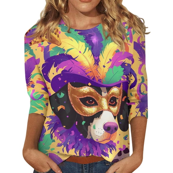 Mardi Gras Shirts for Women Mask Print 3/4 Sleeve Purple Tops Crew Neck Sparkly Holiday Graphic Tee Purple Pink M