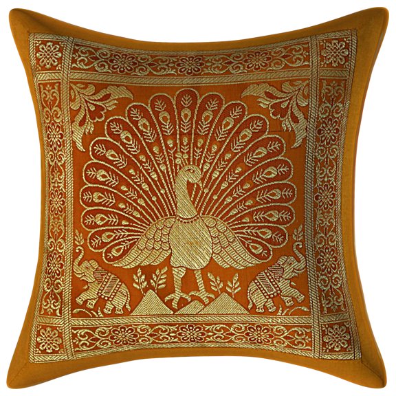 Stylo Culture Indian Christmas Brocade Mustard Yellow And Gold Throw Pillow Covers 12x12 Jacquard Weave Banarasi Sofa Decorative Pillow Case Covers Dancing Peacock 30x30 cm Cushion Covers (1 Pc)