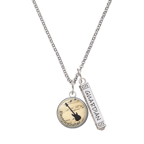 Delight Jewelry Silvertone Domed Music - Electric Guitar Silvertone Guardian Angel Bar Charm Necklace, 23"