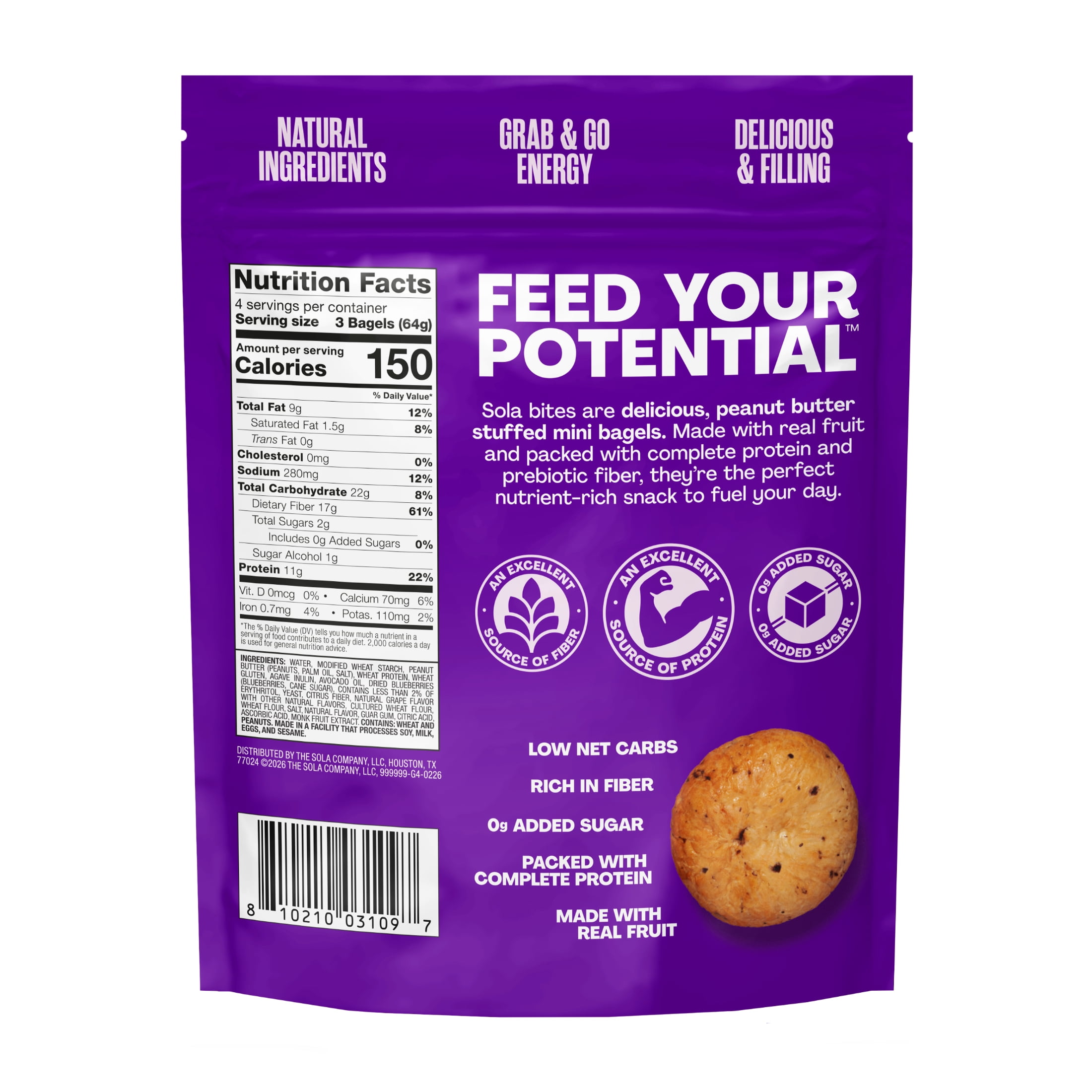 Sola PB Stuffed Grape Bites, 12 Energy Bites, Resealable Pouch