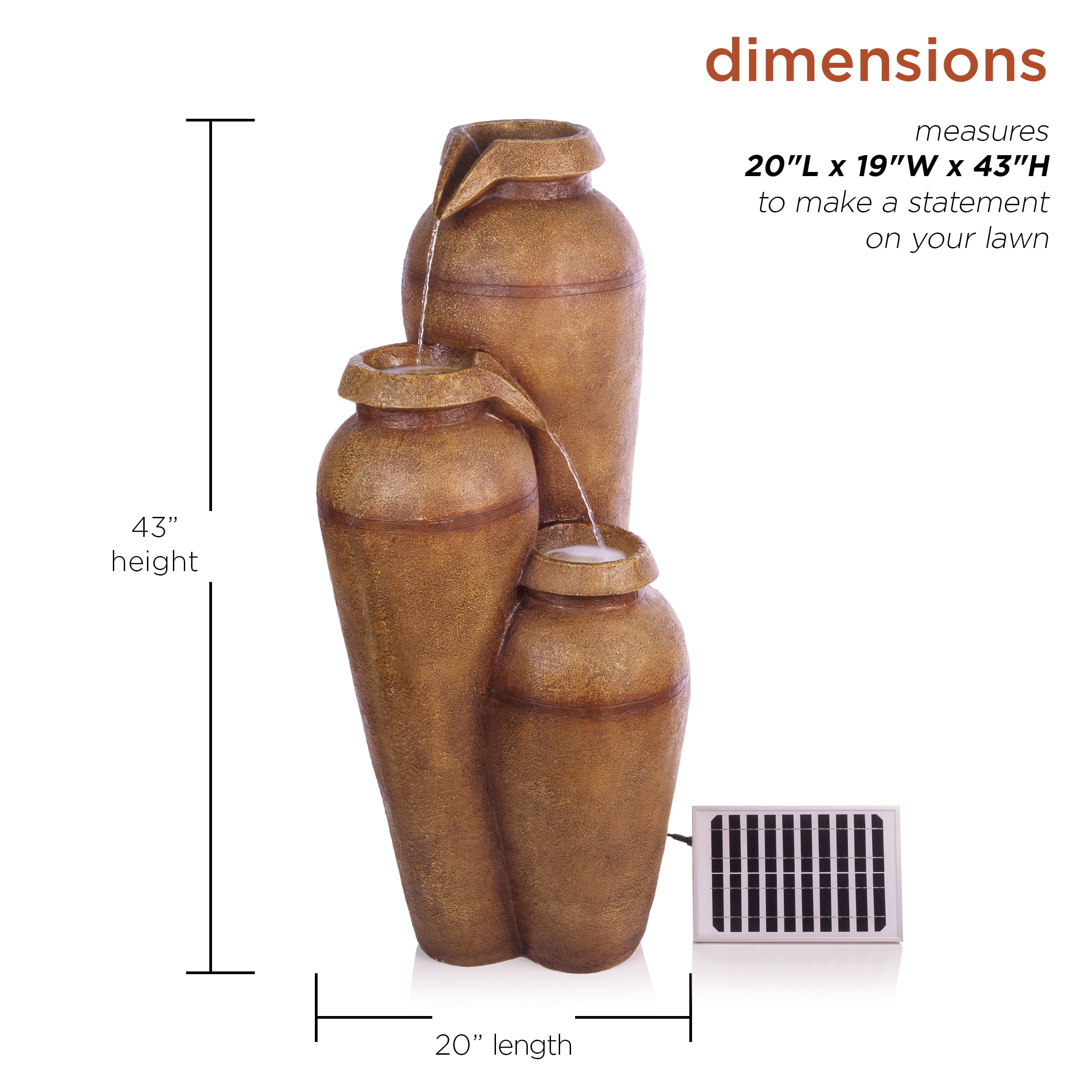 Alpine Corporation 20" x 19" x 43" Cascading Vase Fountain with LED Lights, Brown