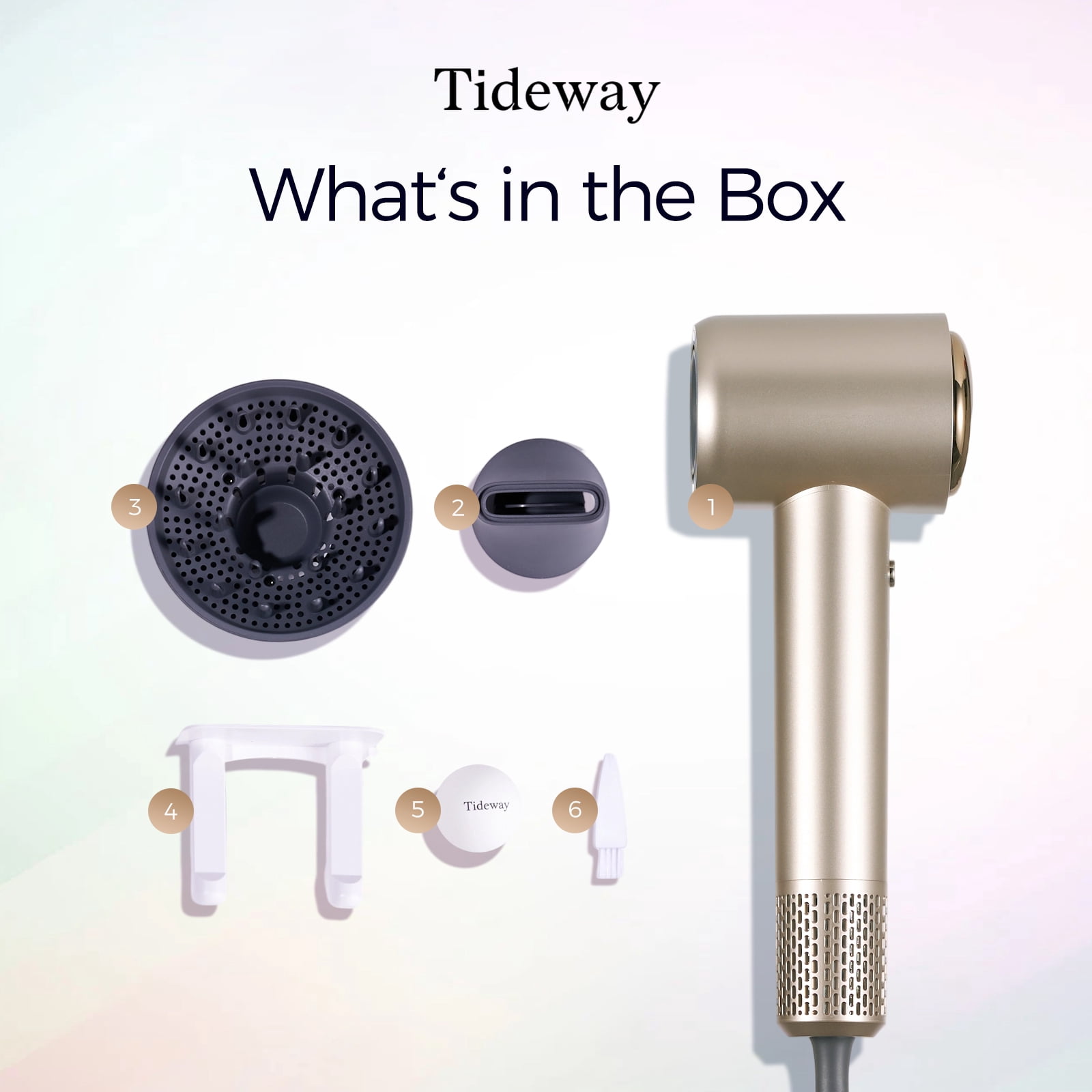 Tideway H11 Hair Dryer with Diffuser, High-Speed 110,000 RPM Brushless Motor, Plasma Tech, Smart Temp Control, Lightweight, Gold