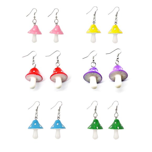 Boucles d'Oreilles Pendantes en Acrylique Thème Environnemental pour Femmes Fête Rouge Violet Acrylique Champignon Coloré Longues Boucles d'Oreilles Pendantes (6 Paires)