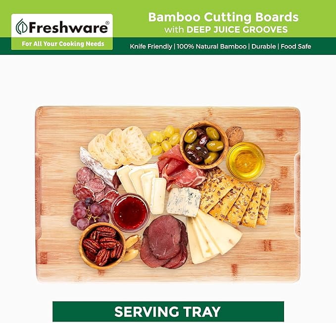 Bamboo Kitchen Cutting Boards Set of 2 with Juice Groove and Knife-Friendly Surface