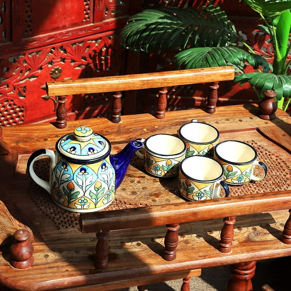 India Meets India Multi color Ceramic Tea Pot Kettle 20 Oz & 4 Tea Cups Floral Handpainted Indian Handicraft Perfect Gift Pack