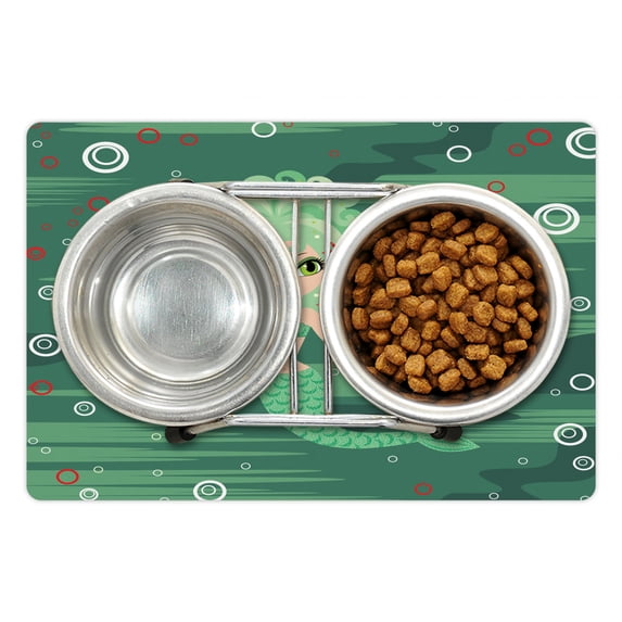 Underwater Pet Mat for Food and Water, Mermaid Cartoon Water Bubbles and Starfish Fashionable Curly Fictional Print, Non-Slip Rubber Mat for Dogs and Cats, 18" X 12", by Ambesonne