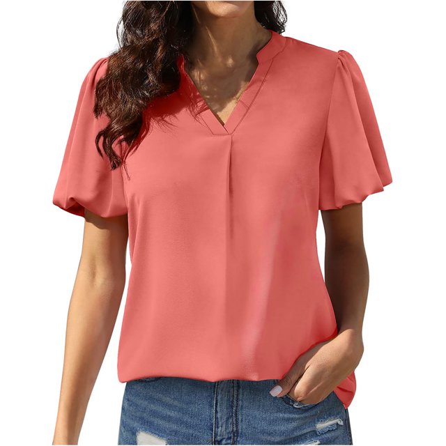 Mujeres sueltas casual manga corta cuello pico sólido casual blusa camiseta túnica tops OAVQHLG3B Store lin121212