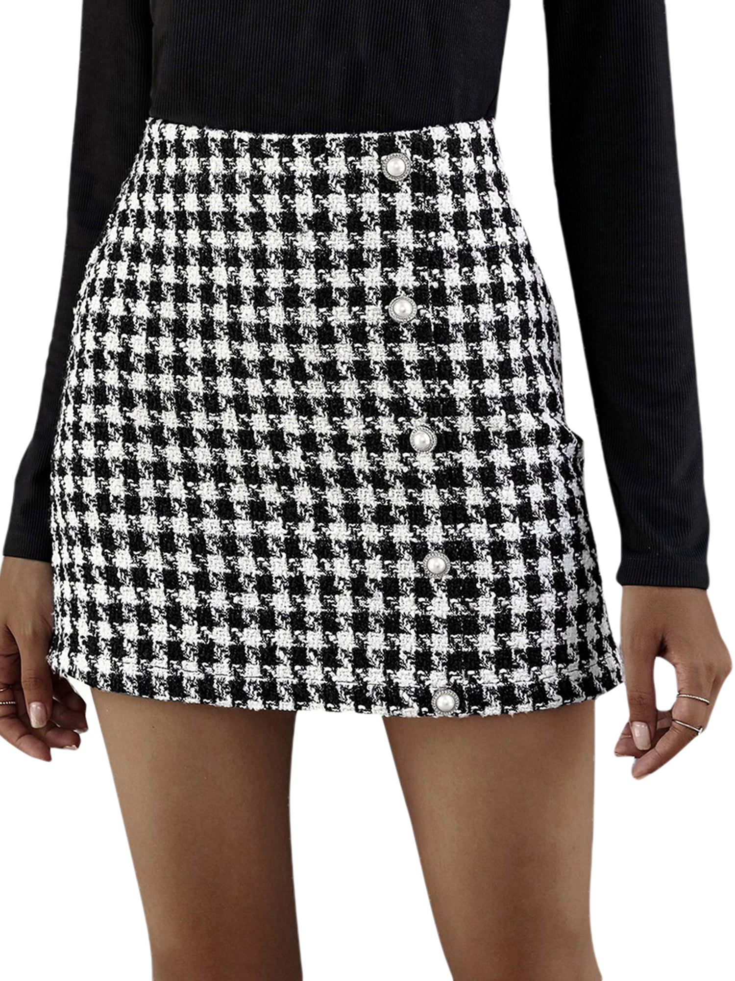 Fashion Women Summer Plaid High Waist Slim A-line Black White Zip Ladies Skirt“”
