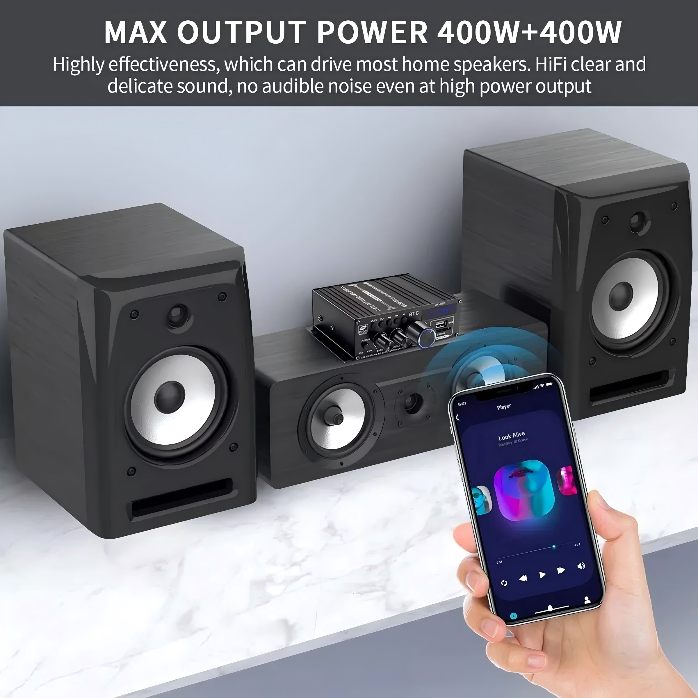 AK-380 USB SD BT.C FM AUX Audio Power Amplifier 400W+400W 2.0 CH HiFi Stereo AMP Speaker Bluetooth 5.0 Amp Receiver with 12V 5A Power Supply,FM Antenna for Car Home Bar Party