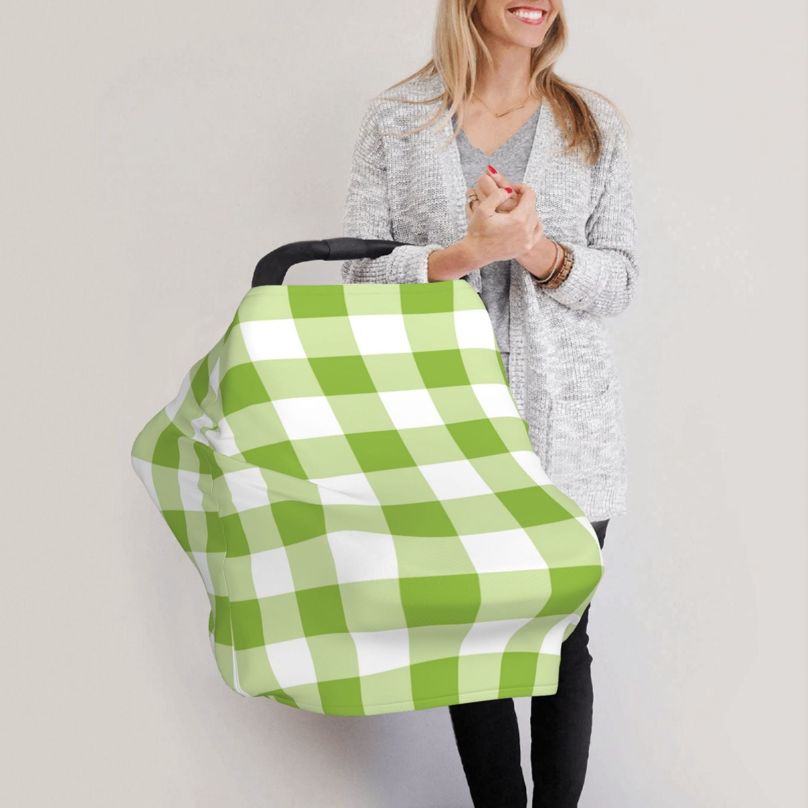 Fotbe White Green Plaid Pattern Car Seat Covers for Babies, Nursing Breastfeeding Cover Infant Carseat Canopy, Soft Stretchy Carrier Cover