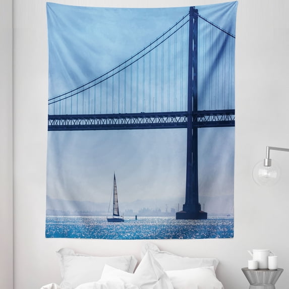 Sailboat Tapestry, San Francisco Bay Bridge Sailboat from Pier 7 in California USA Landmark Photo Print, Fabric Wall Hanging Decor for Bedroom Living Room Dorm, 5 Sizes, Blue, by Ambesonne
