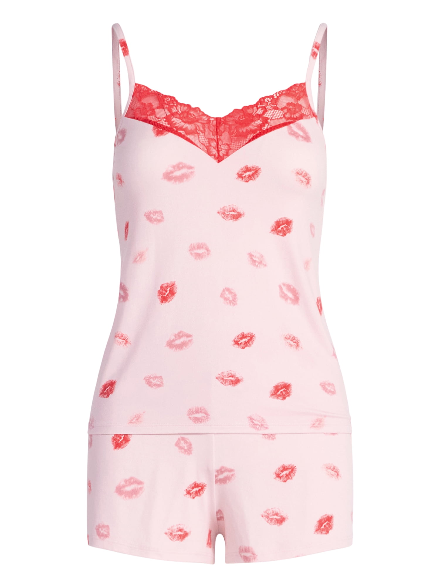 Joyspun Women’s Dreamy Soft Collection Lace Trim Knit Cami and Shorts Valentine's Day Set, Sizes XS-3X