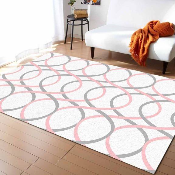 Area Rug 5'x7' Abstract Geometric Pink Gray Line Washable Area Rugs Non Shedding Floor Carpet Rubber Backing Non-Slip Indoor Mats for Living Room Bedroom Kitchen
