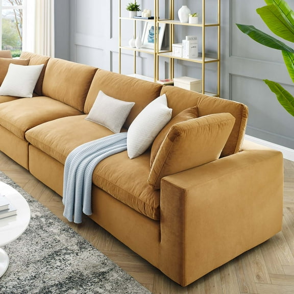 Modway Commix Down Filled Overstuffed Performance Velvet 4-Seater Sofa in Cognac