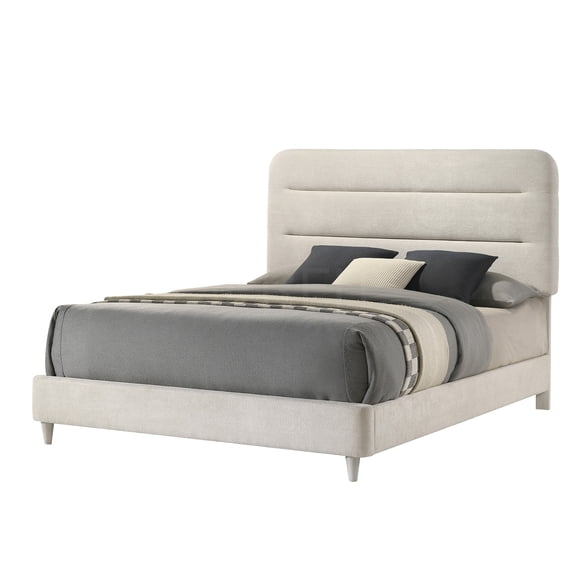JERFIT Queen Upholstered Platform Bed with Sleek Modern Design, Antique White Wood Bed Frame for Bedroom