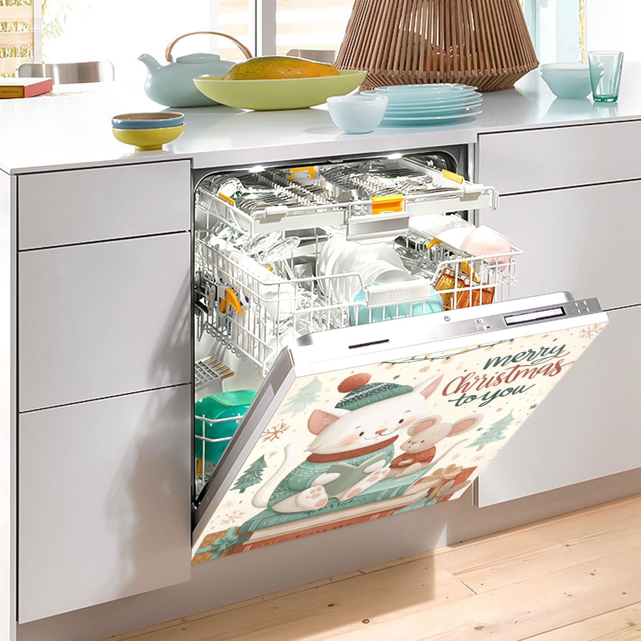 Dishwasher Magnetic Refrigerator Magnet Cover Sticker Home Decorative 23"x26" Christmas Cat and Mouse