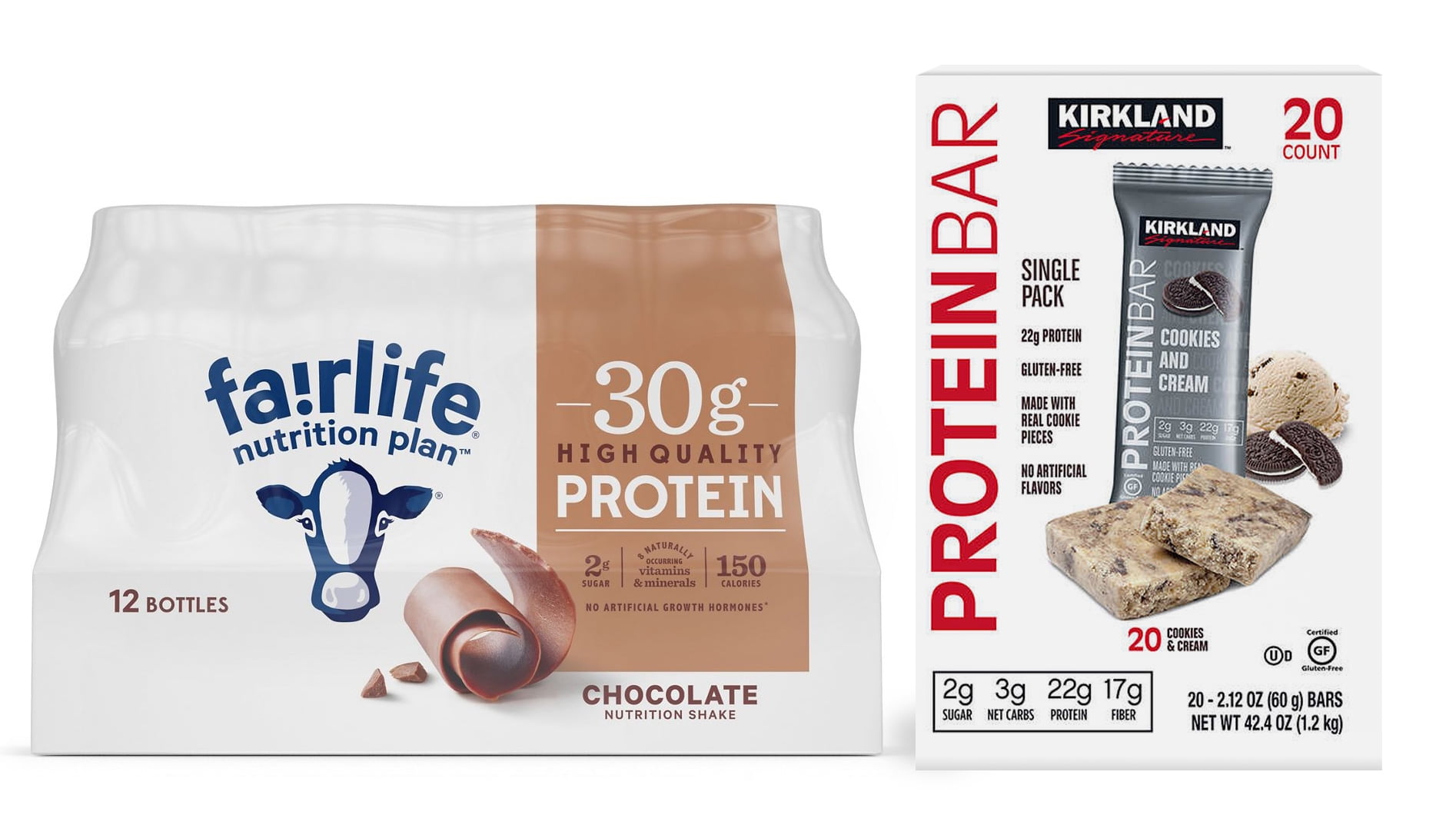 Fairlife Chocolate Shake(12) Kirkland Cookies and Cream Protein Bar(20) Combo
