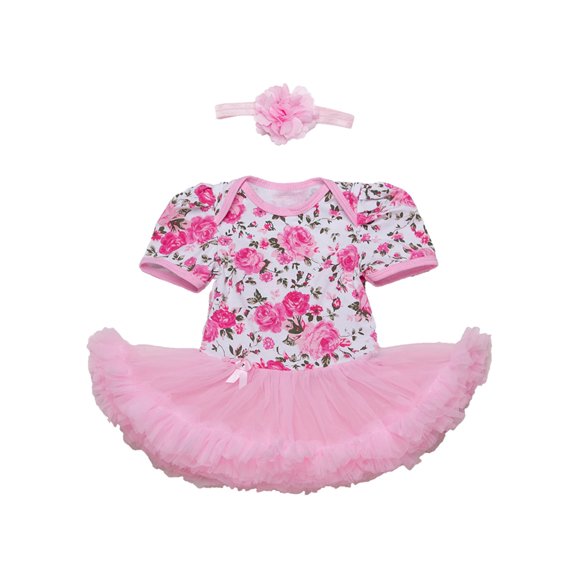 StylesILove Baby Girl Flower Print Short Sleeve Romper Tutu Dress with Matching Headband 2 pcs Set (95/18-24 Months, Pink)