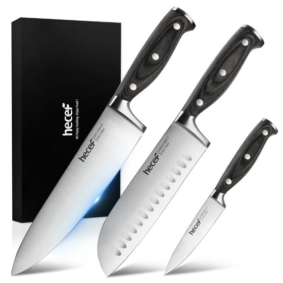 Hecef 3-Piece Knife Set, German Stainless Steel Ultra Sharp Chef, Santoku, Paring Knife with Gift Box