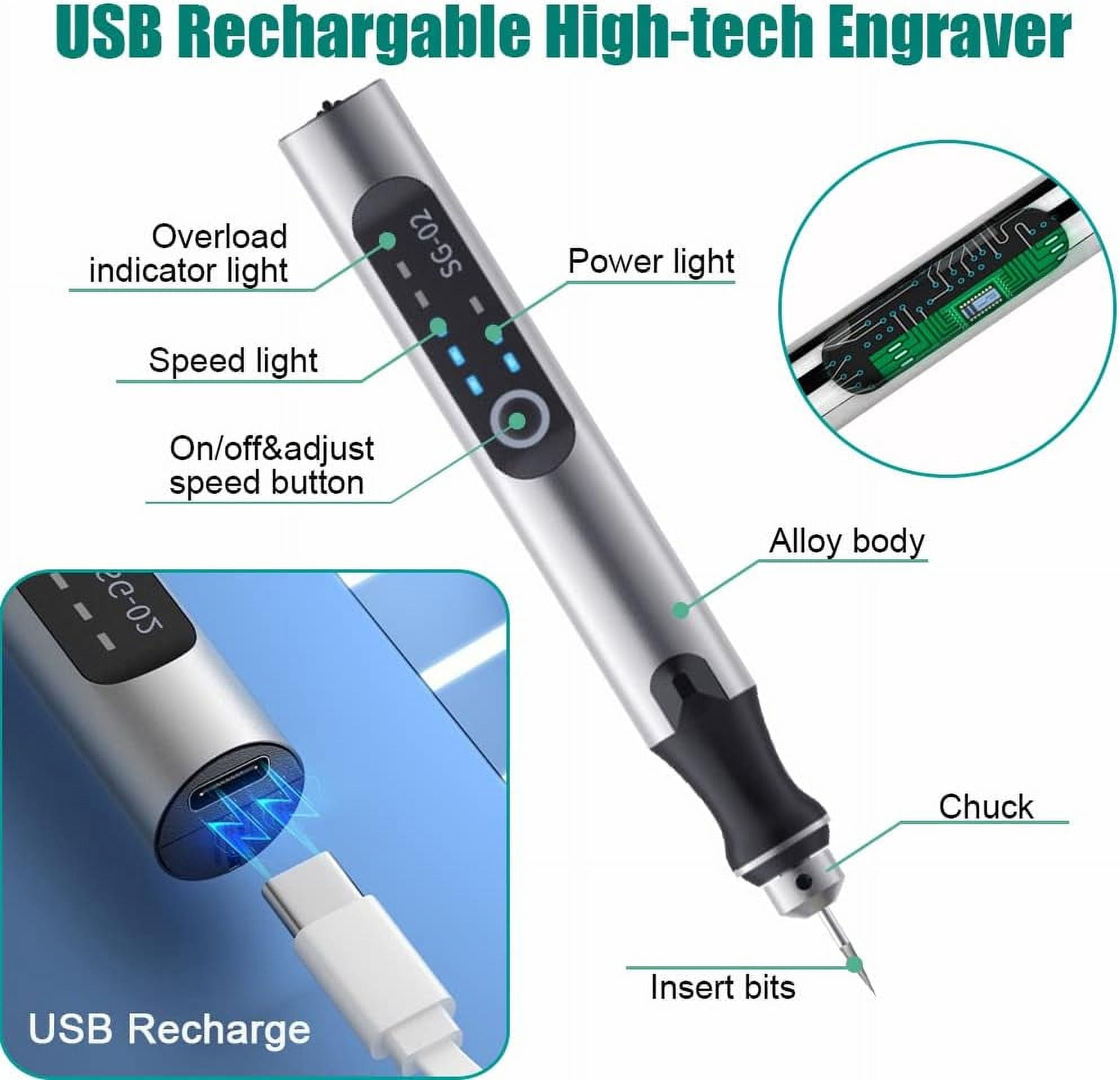 USB Rechargable Engraving Pen with 35bits,Mini Electric Engraver Etching Machines Cordless Rotary Tools Engraved Jewelry Glass Stone Metal Plastic Wood Resin