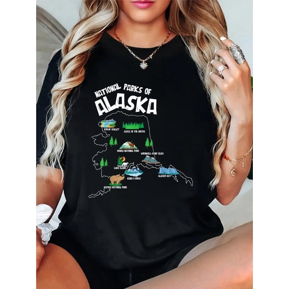 National Parks Of Alaska Map T-Shirt casual short sleeve crew neck cotton tee tops for women