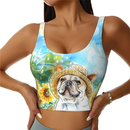 Qekee French Bulldog Sunflowers Bubbles for Removable Pads Sports Bra  Crop Tank Top  Womens  Sports Bra Long Style Without Steel Rims-Large