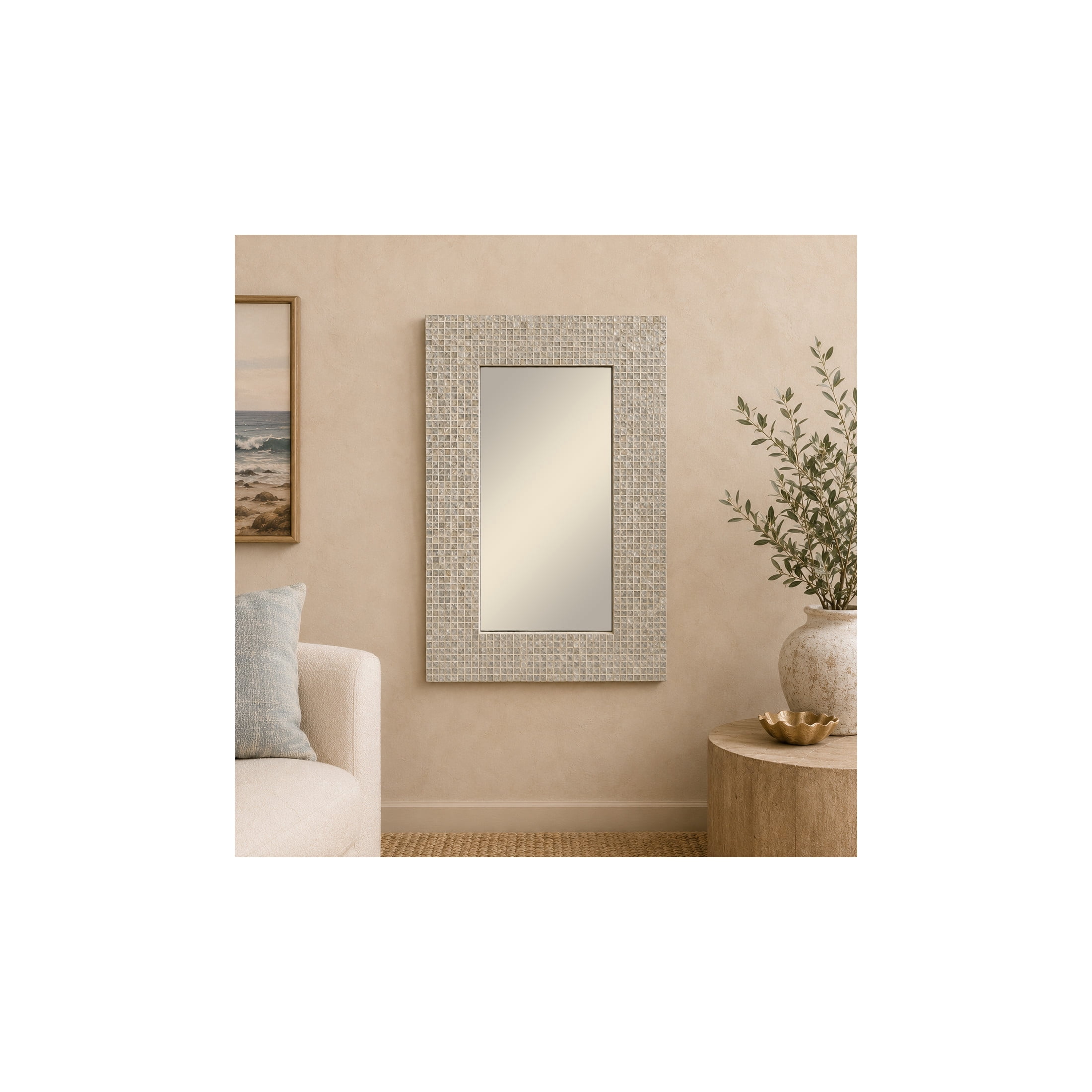 DecMode 24" x 36" Cream Handmade Mosaic Wall Mirror