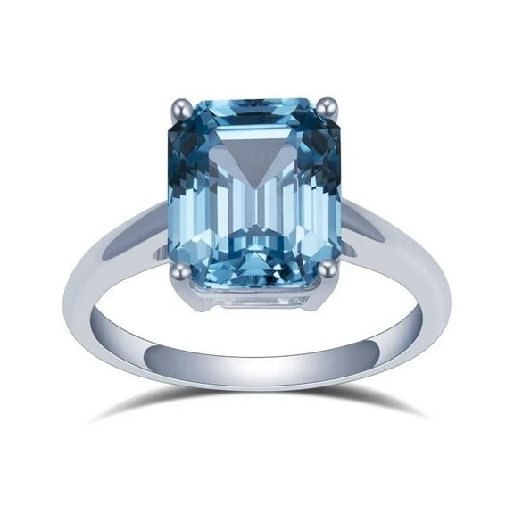 Emerald Cut Lab Created Sky Blue Topaz and Moissanite Solitaire Wedding Ring in 925 Sterling Silver – December Birthstone Cocktail Ring – Unique Statement Gift for Women