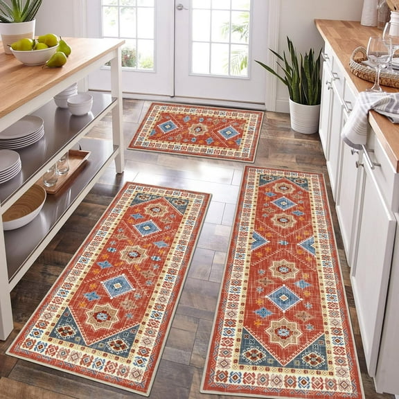 Boho Kitchen Rug Sets 3 Piece with Runner Non Slip Kitchen Rugs and Mats Washable Kitchen Mats for Floor Thick Kitchen Floor Mat Carpet Runner Rugs for Hallway Laundry Holiday Decor