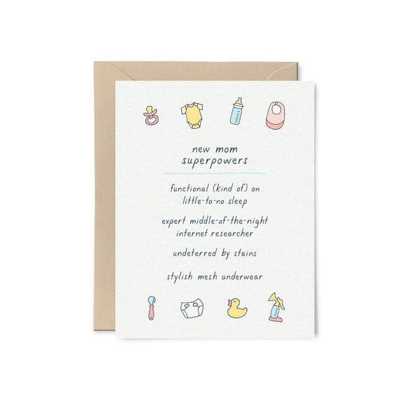 New Mom Superpowers Greeting Card – Fun and Relatable Card for New Mothers – Blank Inside with Envelope – Perfect Baby Shower, New Mom Gift, or Encouragement Card