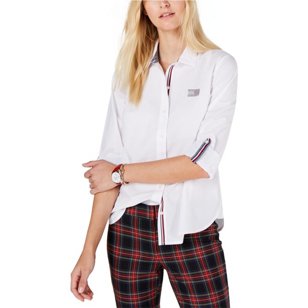 Tommy Hilfiger Camisa con botones y lengüeta enrollable para mujer, blanco, XS