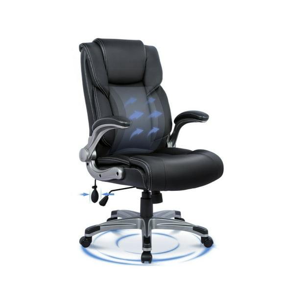 EOP Executive Office Chair, Big and Tall Faux Leather Computer Chair with Flip-up Armrests, Extra Wide Cushion Desk Chair, Adjustable Height Heavy Duty Chair, Black
