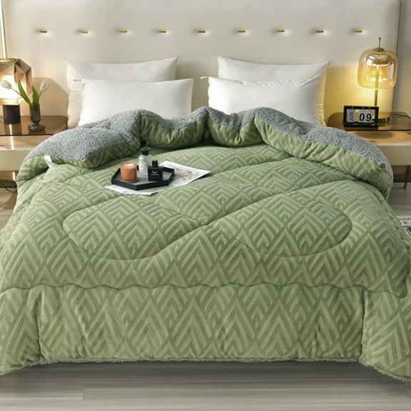 WOOW DEPOT Sherpa Reversible Comforter, 1 PCS Twin Full Size 70.8" x 86.6" Heavy 8.82 lbs Warm Cozy, Velvet Quilted & Sheared Craft 3D Jacquard Blanket Machine Washable, Sage Green